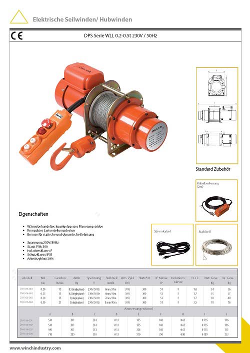 DELTA Elektrische Drahtseilwinde DPS 230 Volt 0.20t-0.50t