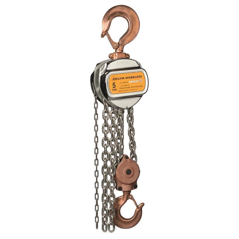 delta sparkless spur gear block and tackle with overload protection 20 t with 3 m galvanized load chain and stainless steel hand chain atex zone 1 ce Ex ii 2g c Tx / ce Ex ii 2d c Tx