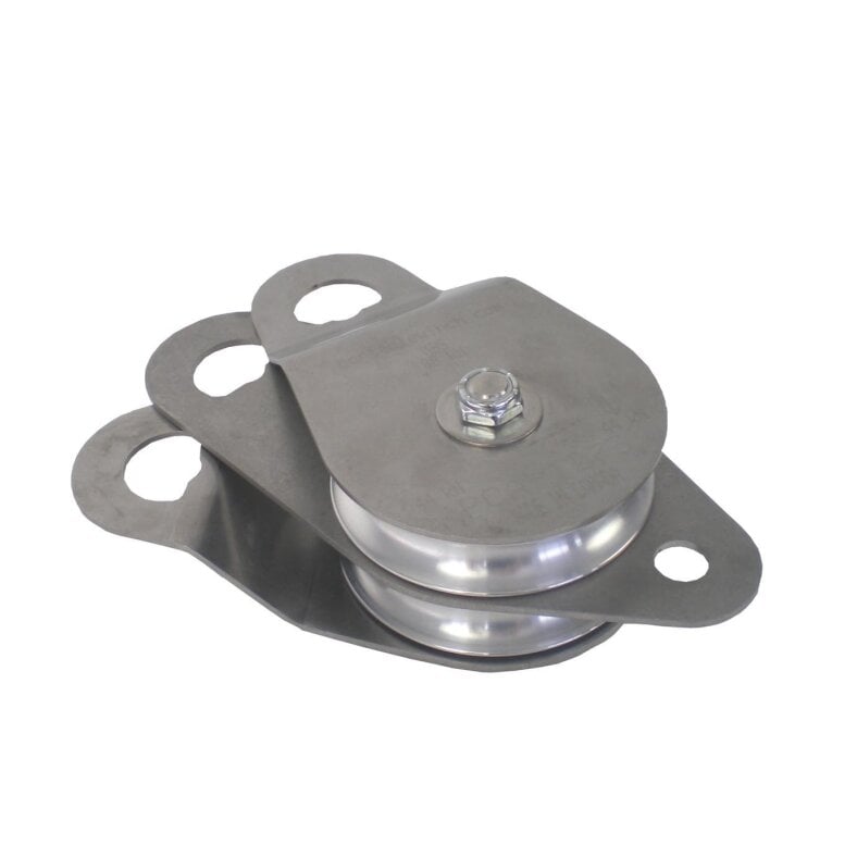 Double pulley with swivel side cover made of stainless steel. 2 aluminum pulleys with 100mm diameter. Limit load 44kN, for 6 - 13mm ropes, ce -certified