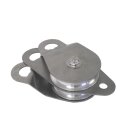 Double pulley with swivel side cover made of stainless steel. 2 aluminum pulleys with 100mm diameter. Limit load 44kN, for 6 - 13mm ropes, ce -certified