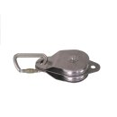 Double pulley with swivel side cover made of stainless steel. 2 aluminum pulleys with 100mm diameter. Limit load 44kN, for 6 - 13mm ropes, ce -certified