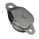 Double pulley with swivel side cover made of stainless steel. 2 aluminum pulleys with 100mm diameter. Limit load 44kN, for 6 - 13mm ropes, ce -certified