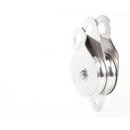 Double pulley with swivel side cover made of stainless steel. 2 aluminum pulleys with 100mm diameter. Limit load 44kN, for 6 - 13mm ropes, ce -certified