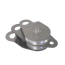 Double idler pulley with swivel side cover made of stainless steel. 2 aluminum pulleys with 76mm diameter. Limit load 32kN, for 6 - 13mm ropes, ce -certified