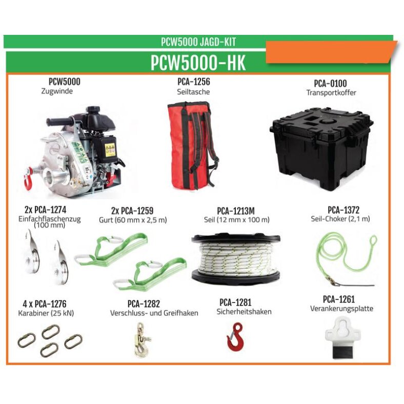 Portable Winch pulling winch with gasoline drive pcw5000 - assortment hunting consisting of pcw5000, pca-0100,, pca-1213m, pca-1256, pca-1256, pca-1259, pca-1261, pca-1274, pca-1276, pca-1276, pca-1281, pca-1282, pca-1372