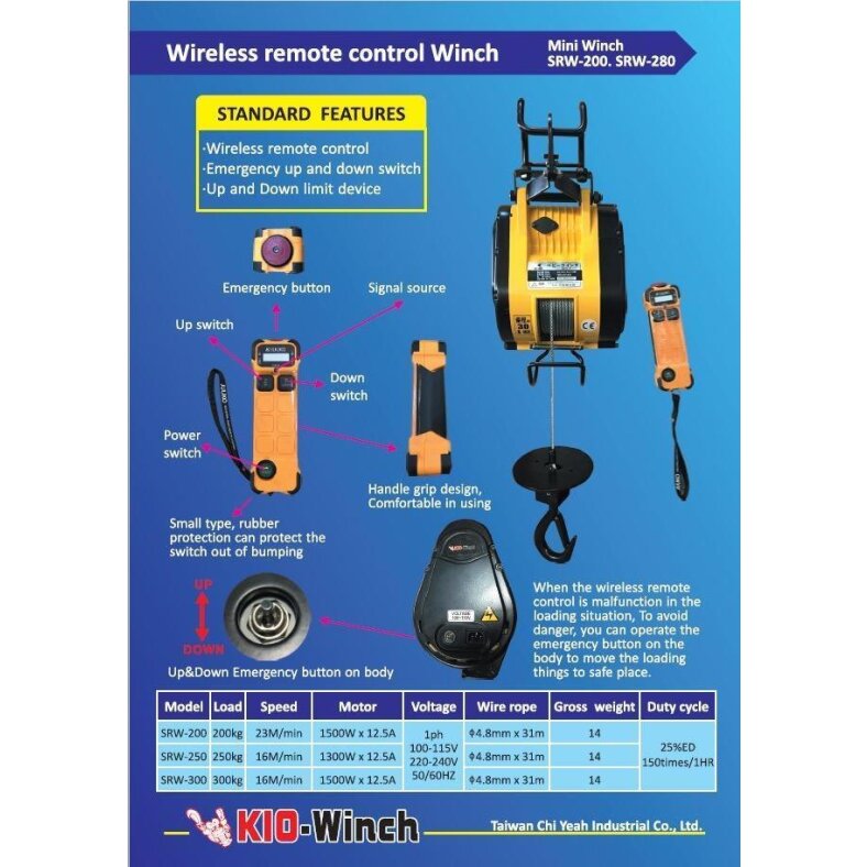 KIOWINCH SRW-100 Bauseilzug mit Funkfernbedienung 100kg 50m/min 230V